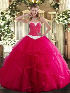 Beautiful Hot Pink Sleeveless Floor Length Appliques and Ruffles Lace Up Sweet 16 Dresses