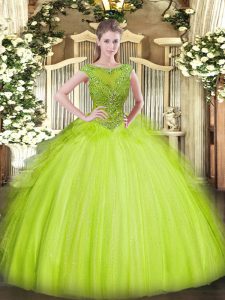 Glittering Yellow Green Ball Gowns Tulle Scoop Sleeveless Beading Floor Length Zipper Quinceanera Gowns