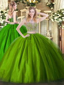 New Style Scoop Sleeveless Lace Up Quince Ball Gowns Olive Green Tulle