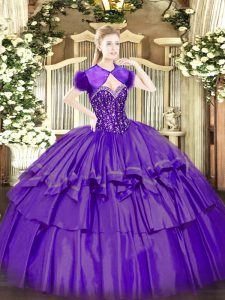 Purple Lace Up Quince Ball Gowns Beading and Ruffled Layers Sleeveless Floor Length