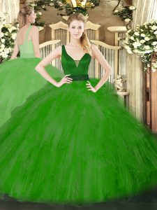 Noble Green Zipper Straps Beading and Ruffles Quince Ball Gowns Tulle Sleeveless