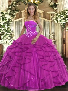 Latest Fuchsia Strapless Lace Up Beading and Ruffles Quinceanera Dress Sleeveless
