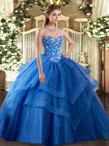 Customized Tulle Sleeveless Floor Length Quinceanera Dresses and Embroidery and Ruffled Layers