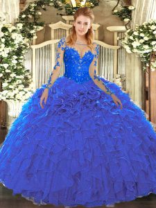 Customized Floor Length Ball Gowns Long Sleeves Blue Quinceanera Gown Lace Up