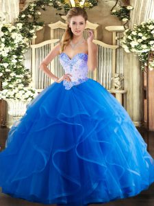Vintage Blue Ball Gowns Tulle Sweetheart Sleeveless Beading and Ruffles Floor Length Lace Up Vestidos de Quinceanera