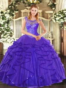 Ball Gowns 15 Quinceanera Dress Blue Scoop Tulle Sleeveless Floor Length Lace Up