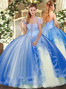 Blue Strapless Lace Up Appliques and Ruffles Quinceanera Gowns Sleeveless