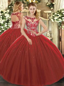 Wine Red Ball Gowns Scoop Cap Sleeves Tulle Floor Length Lace Up Beading and Appliques 15 Quinceanera Dress
