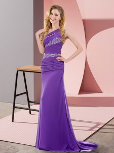 Purple Sleeveless Chiffon Sweep Train Lace Up Prom Party Dress for Prom and Party