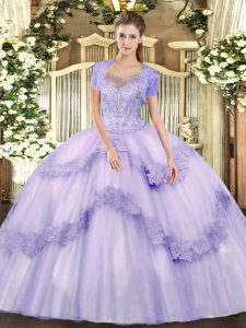 Scoop Sleeveless Quinceanera Gowns Floor Length Beading and Appliques Lavender Tulle