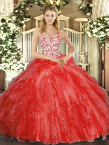 Floor Length Coral Red Quinceanera Dress Organza Sleeveless Beading and Ruffles