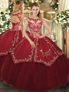 Satin and Tulle Cap Sleeves Floor Length Quinceanera Gown and Beading and Appliques and Embroidery