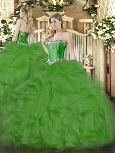Suitable Green Sweetheart Neckline Beading and Ruffles Vestidos de Quinceanera Sleeveless Lace Up