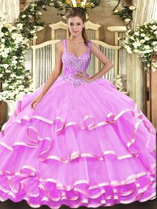 Traditional Ball Gowns Quinceanera Dresses Lilac Straps Organza Sleeveless Floor Length Lace Up