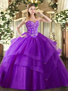 Fantastic Eggplant Purple Tulle Lace Up Sweetheart Sleeveless Floor Length Quinceanera Dresses Embroidery and Ruffled La