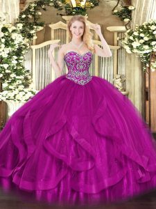 Fitting Sweetheart Sleeveless Lace Up 15th Birthday Dress Fuchsia Tulle