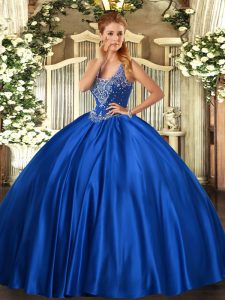 Royal Blue Ball Gowns Straps Sleeveless Satin Floor Length Lace Up Beading Quinceanera Gown