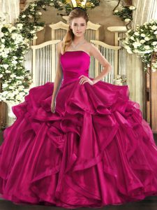 High Class Hot Pink Lace Up Strapless Ruffles Sweet 16 Dress Organza Sleeveless