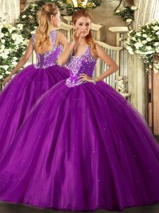 Tulle Straps Sleeveless Lace Up Beading Quinceanera Gown in Purple