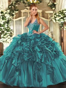 Dazzling Teal Lace Up Straps Beading and Ruffles Quinceanera Dress Organza Sleeveless