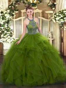 Custom Design Olive Green Tulle Lace Up Halter Top Sleeveless Floor Length Quinceanera Dress Beading and Ruffles