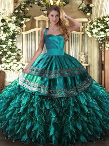 Trendy Halter Top Sleeveless Quinceanera Dresses Floor Length Embroidery and Ruffles Turquoise Organza