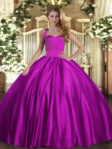 Dynamic Satin Halter Top Sleeveless Lace Up Ruching Quince Ball Gowns in Fuchsia