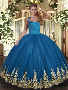 Blue Tulle Lace Up Quince Ball Gowns Sleeveless Floor Length Appliques