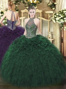 Trendy Floor Length Dark Green Sweet 16 Quinceanera Dress Taffeta Sleeveless Beading and Ruffles