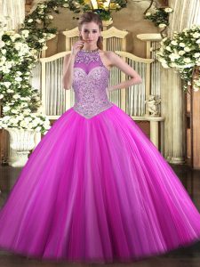 Fuchsia Lace Up Quince Ball Gowns Beading Sleeveless Floor Length