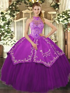 Eggplant Purple Ball Gowns Beading and Embroidery 15 Quinceanera Dress Lace Up Satin and Tulle Sleeveless Floor Length