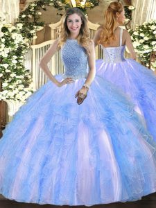 Baby Blue Ball Gowns Beading and Ruffles Sweet 16 Dress Lace Up Tulle Sleeveless Floor Length