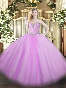 Sophisticated Sweetheart Sleeveless Quinceanera Dresses Floor Length Beading Lavender Tulle