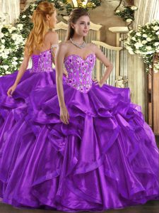 Eggplant Purple Sweetheart Lace Up Embroidery and Ruffles Quinceanera Gowns Sleeveless