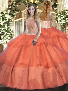 High-neck Sleeveless Lace Up Quinceanera Dresses Orange Red Tulle