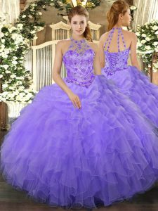 Suitable Lavender Organza Lace Up Sweet 16 Dresses Sleeveless Floor Length Beading and Ruffles