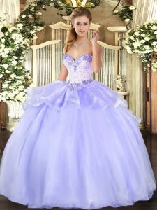 Modest Lavender Ball Gowns Beading Quinceanera Gowns Lace Up Organza Sleeveless Floor Length