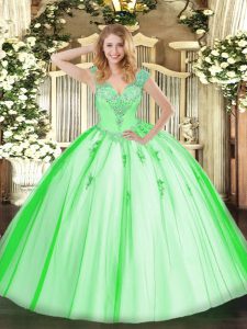 Vestidos de Quinceanera Military Ball and Sweet 16 and Quinceanera with Beading V-neck Sleeveless Lace Up
