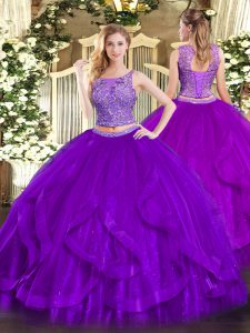 Floor Length Two Pieces Sleeveless Purple 15th Birthday Dress Lace Up