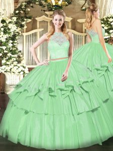 High Class Scoop Sleeveless Quinceanera Gowns Floor Length Lace and Ruffled Layers Apple Green Organza