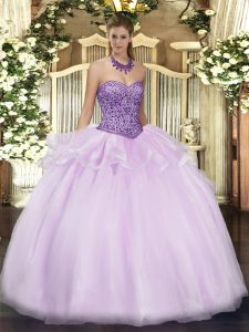 Super Floor Length Zipper Quinceanera Dresses Lavender for Military Ball and Sweet 16 and Quinceanera with Beading and R