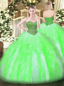 Sleeveless Tulle Floor Length Lace Up 15th Birthday Dress in with Beading and Ruffles