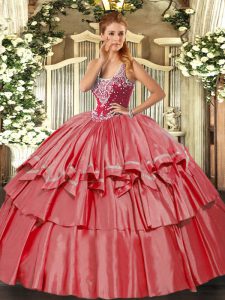 Cheap Floor Length Coral Red Quinceanera Dresses Organza and Taffeta Sleeveless Beading and Ruffled Layers