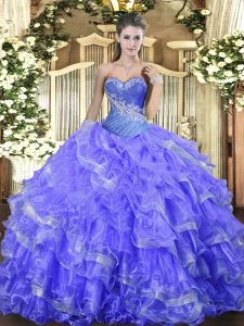 Sleeveless Organza Floor Length Lace Up Sweet 16 Dresses in Blue with Beading and Ruffled Layers