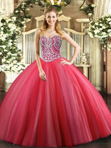 Floor Length Coral Red Quinceanera Dress Sweetheart Sleeveless Lace Up