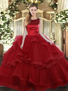 Wine Red Sleeveless Floor Length Ruffled Layers Lace Up Quinceanera Dress