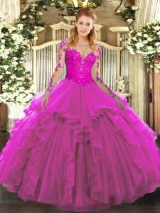 Discount Fuchsia Long Sleeves Floor Length Lace and Ruffles Lace Up Quinceanera Gown