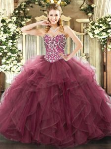 Burgundy Lace Up 15th Birthday Dress Beading and Ruffles Sleeveless Floor Length