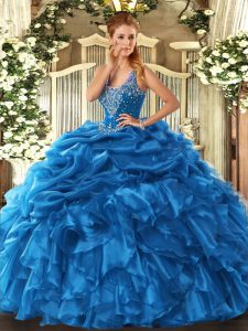 Discount Blue Organza Lace Up Sweet 16 Quinceanera Dress Sleeveless Floor Length Beading and Ruffles and Pick Ups
