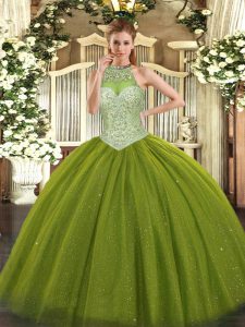 Sleeveless Tulle Floor Length Lace Up Sweet 16 Quinceanera Dress in Olive Green with Beading